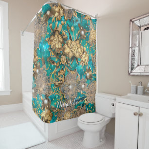 Blaugrüne falsche Gold Glitter Abstract Blumen ind Duschvorhang
