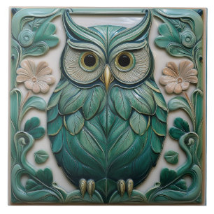 Blaugrüne Faux-Relief-Art-Nouveau-Eule Fliese