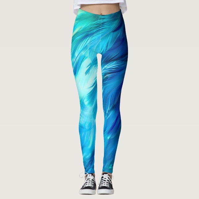 Blaugrüne Feder Abstrakt Leggings (Vorderseite)
