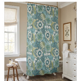 Blaugrüne Florale Boho Botanische Muster Duschvorhang