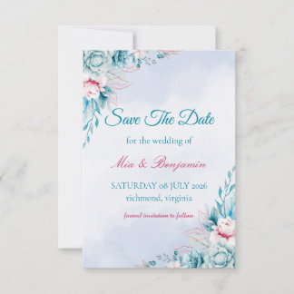 Blaugrüne Florale Elegante Save The Date Karte