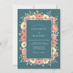 Blaugrüne Florale Hochzeitsumarmung Einladung