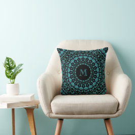 Blaugrüne florale Mandala-Monogramm Kissen
