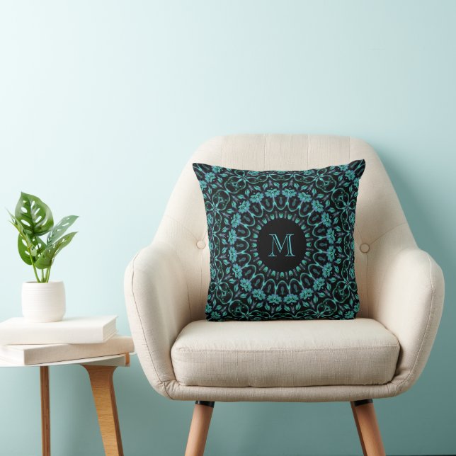 Blaugrüne florale Mandala-Monogramm Kissen (Stuhl )