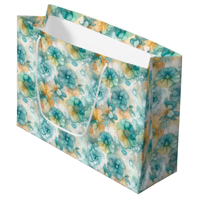 Blaugrüne Gelbe Florale Alkohol-Tinte-Style-Muster Große Geschenktüte (Vorderseite Schrägansicht)