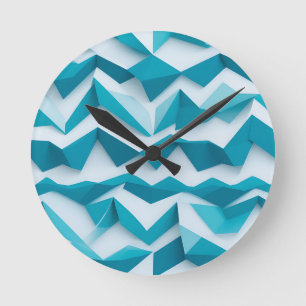 Blaugrüne geometrische Chevron-3D-Muster Runde Wanduhr