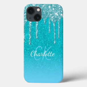 Blaugrüne Glitter-Tropfen Aqua-Meeresgrün-Monogram Case-Mate iPhone Hülle