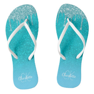 Blaugrüne Glittertropfen in aquamarin-grüner Monog Flip Flops