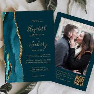 Blaugrüne Gold-Achat-Foto-QR-Code-Hochzeit Einladung