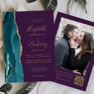 Blaugrüne Gold Achat Lila Foto QR Code Hochzeit Einladung