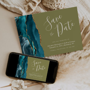 Blaugrüne Gold-Achat-Olivgrüne Save-the-Date-Karte Einladung