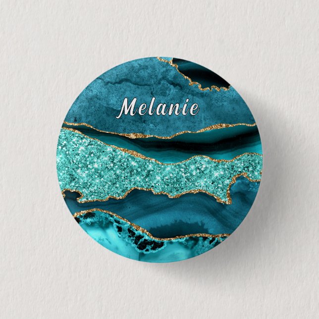 Blaugrüne Gold Glitter Marmor Namensbutton Button (Vorderseite)