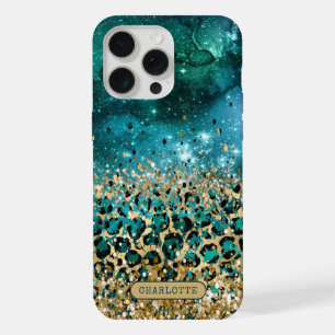Blaugrüne Gold Leopardendruck Galaxy Personalisier iPhone 15 Pro Max Hülle