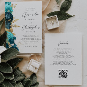 Blaugrüne Goldene Florale QR-Code-Hochzeit Einladung