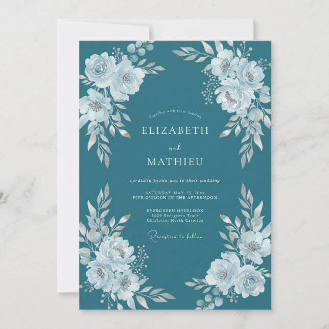 Blaugrüne Hochzeit mit Blumenmuster Einladung (Vorderseite)