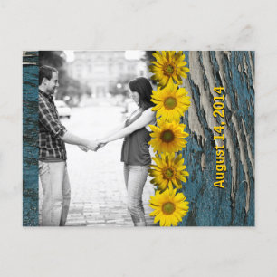 Blaugrüne Holz-Optik Sonnenblumen-Foto Save-the-Da Ankündigungspostkarte