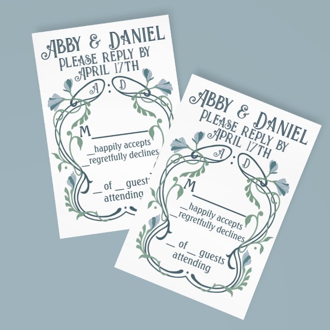 Blaugrüne Jugendstil RSVP Karte (Von Creator hochgeladen)
