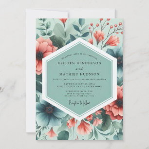 Blaugrüne Korallen-Malerei Flora-Hochzeit Einladung