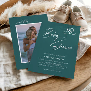 Blaugrüne moderne Schrift Baby Shower Foto Einladung