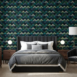 Blaugrüne Navy Gold Art Deco Fächer Muster Tapete