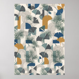 Blaugrüne-Navy-Senf-Ginkgo-Kiefer-Geometrieposter Poster