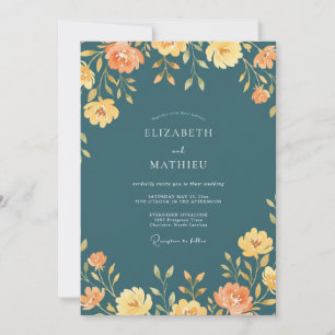 Blaugrüne Orange Wilde Blumen Hochzeit Einladung