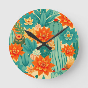 Blaugrüne Orangerote Wüstenkaktusblüte Runde Wanduhr