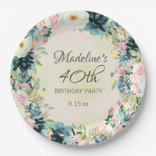 Blaugrüne Pink Creme Blumen Frauen 40. Geburtstag  Pappteller