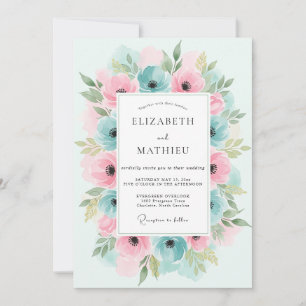 Blaugrüne rosa florale Hochzeit Einladung
