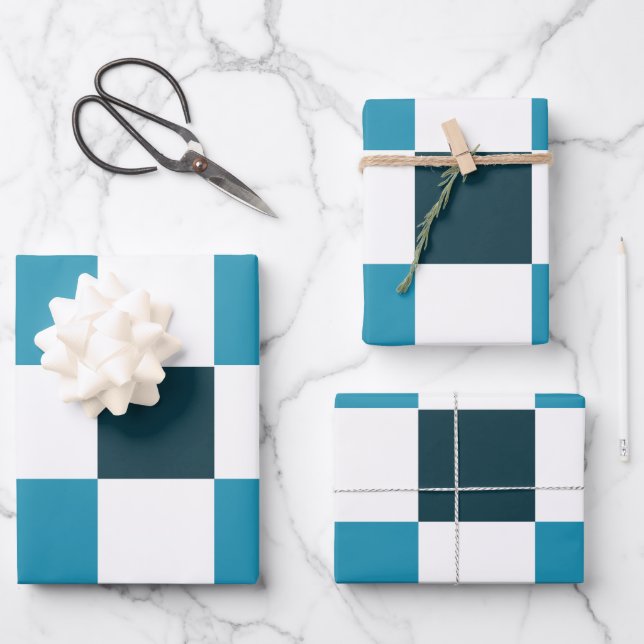 Blaugrüne Schachbrettmuster Geschenkpapier Set (Vorderseite)
