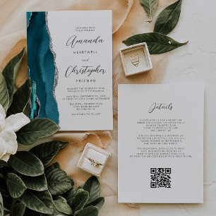 Blaugrüne Silber-Achat-QR-Code-Hochzeit Einladung