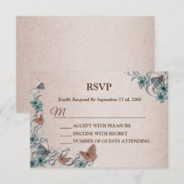 Blaugrüne Silber Blumen Kupfer Schmetterling Beige RSVP Karte