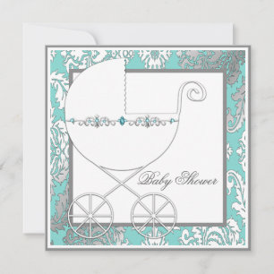 Blaugrüne silberne Karosse Baby Shower Einladungen