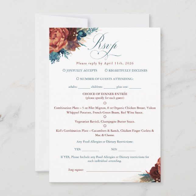 Blaugrüne Terrakotta-Blumen-Boho-Hochzeits-RSVP-Ka (Vorderseite)