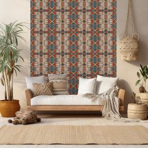 Blaugrüne Terrakotta-Orangen-Beige-Braune Stammesk Tapete