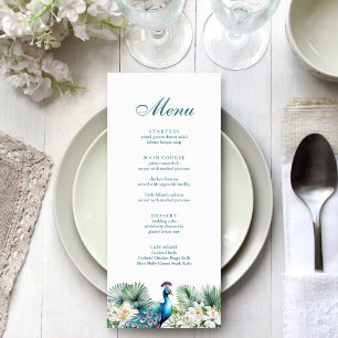 Blaugrüne Tropische Blumen Pfau Hochzeit Menükarte