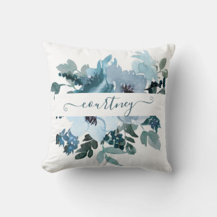 Blaugrüne und blaue Aquarell-Blumen personalisiert Kissen