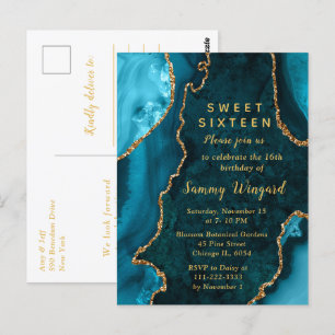 Blaugrüne und goldene Achat-Marmor-Sweet-Sixteen-E Postkarte