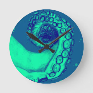Blaugrüne und marineblaue nautische Oktopus Tentak Runde Wanduhr