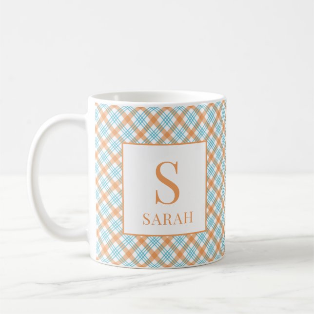 Blaugrüne und Orange karierte Monogramm-Name Kaffeetasse (Links)