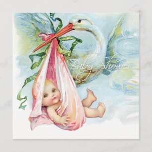 Blaugrüne und rosa Vintage-Storch-Baby-Party Einladung