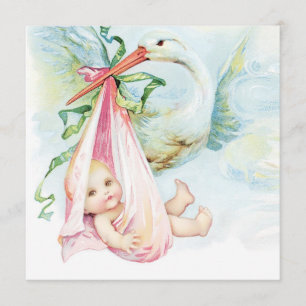 Blaugrüne und rosa Vintage-Storch-Baby-Party Einladung
