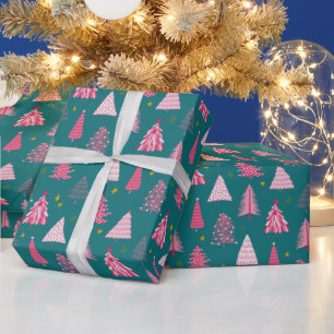 Blaugrüne und rosa Weihnachtsbaum-Muster Geschenkpapier