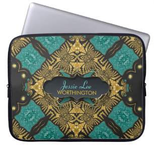 Blaugrüne und schwarze Gold-Arabesken-Tribal-Lapto Laptopschutzhülle