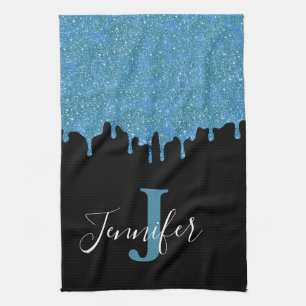 Blaugrüne und schwarze Monogramm-Glitter-Tropfen Geschirrtuch