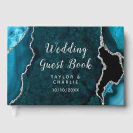 Blaugrüne und silberne Achat-Marmor-Hochzeit Gästebuch