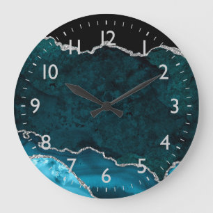 Blaugrüne und silberne Marmorachat-Uhr Große Wanduhr