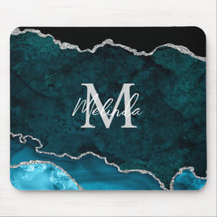 Blaugrüne und silberne Marmorachat-Uhr Mousepad