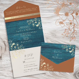 Blaugrüne und Terrakotta-Hochzeit All In One Einladung