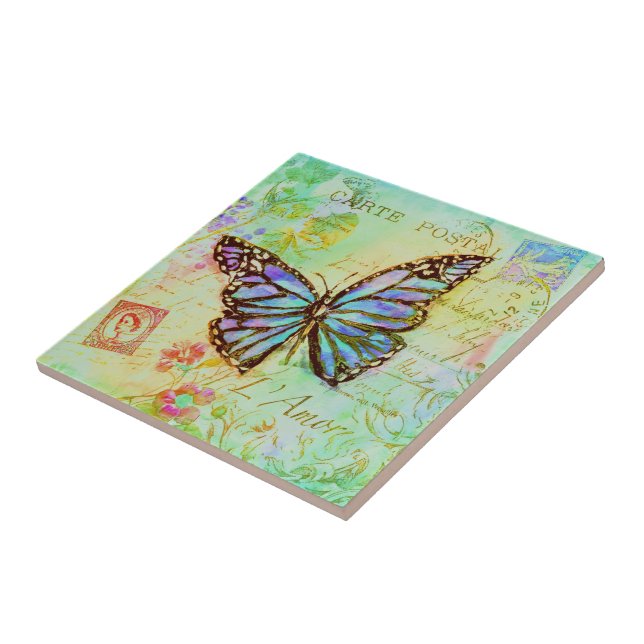 Blaugrüne und violette Schmetterling  Fliese (Seite)